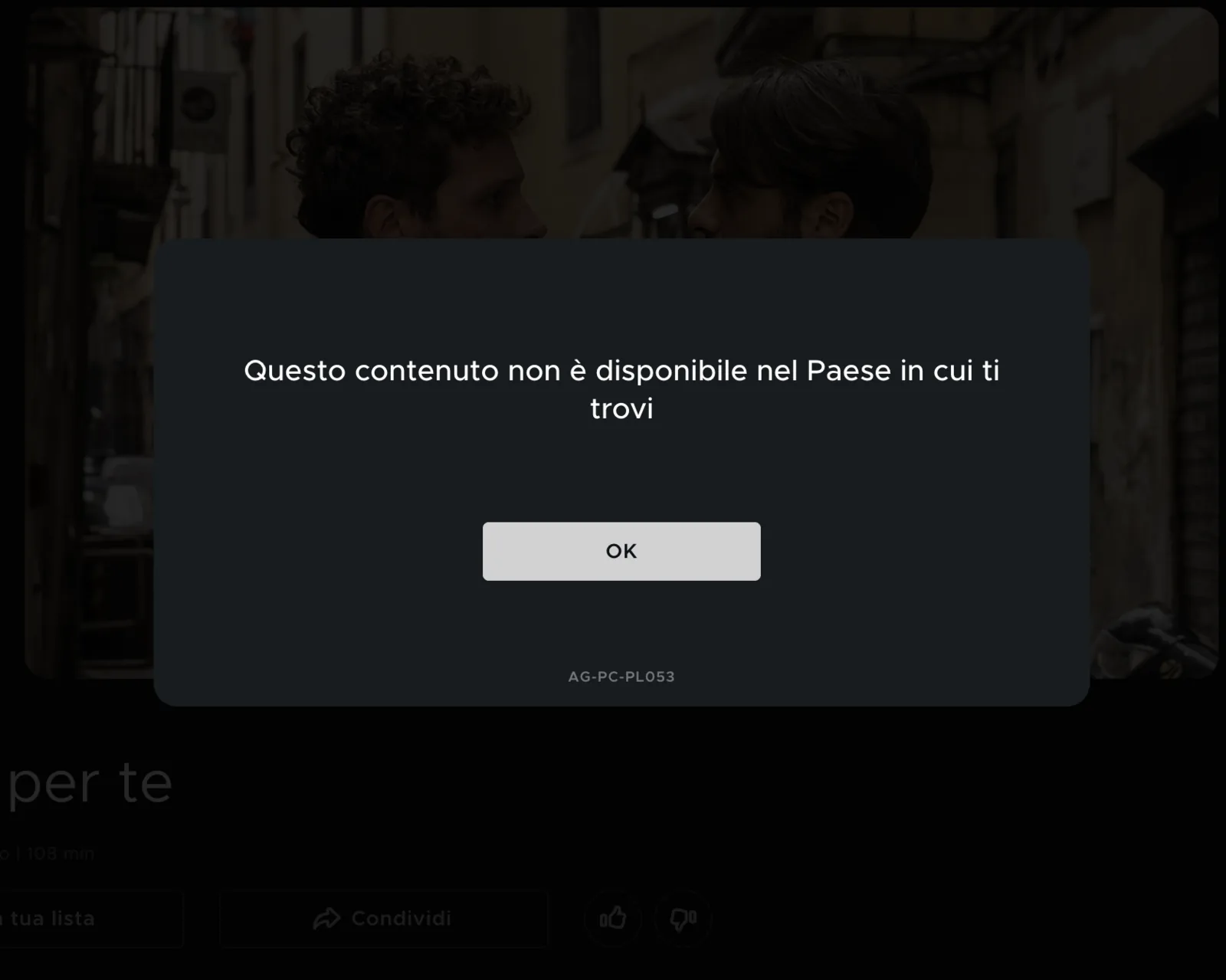 La finestra d'errore di Mediaset Infinity: «Questo contenuto non è disponibile nel Paese in cui ti trovi», con il codice AG-PC-PL053